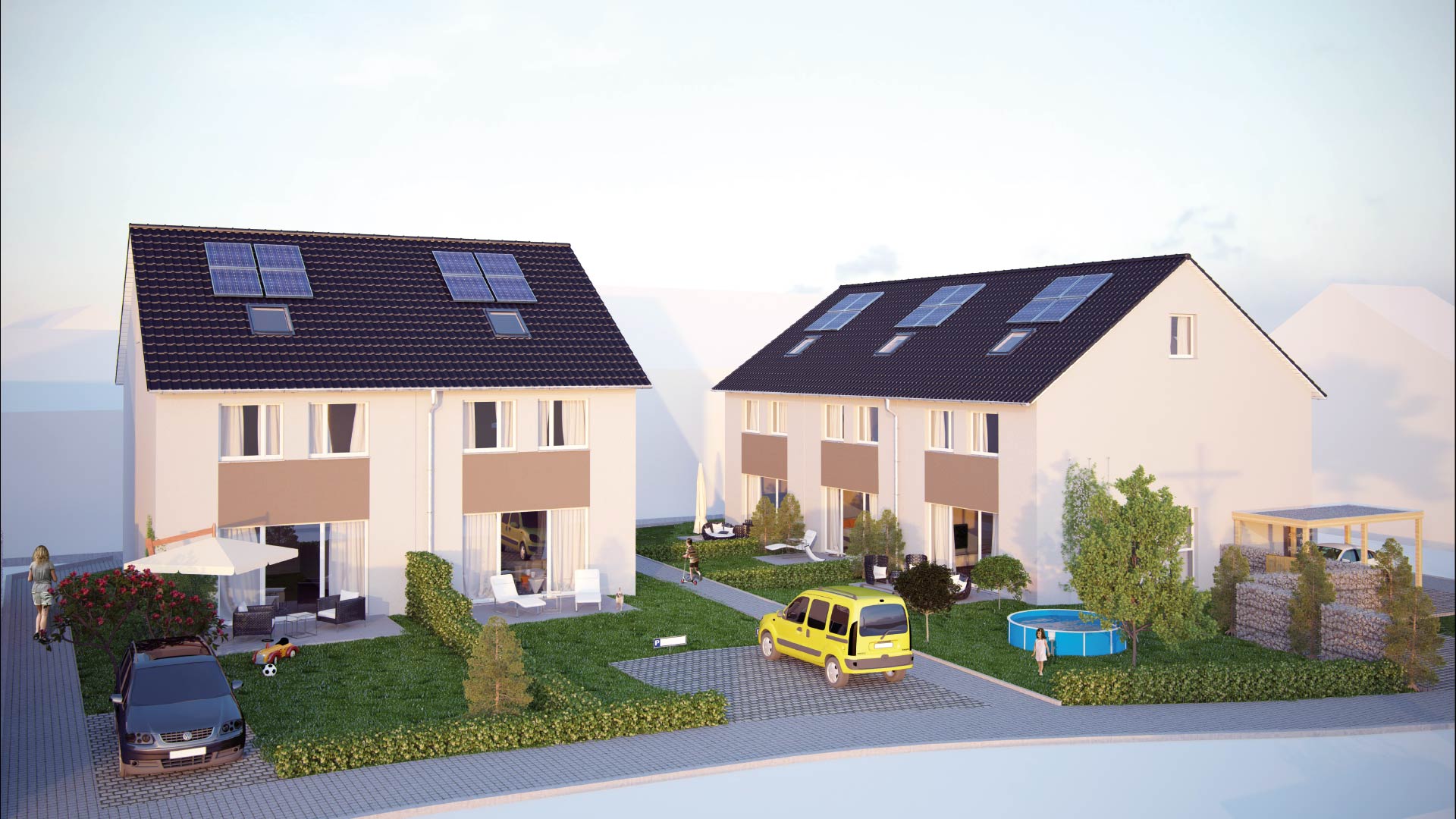 Visualisierung von zwei Mehrfamilienhäusern als Neubau mit Gärten