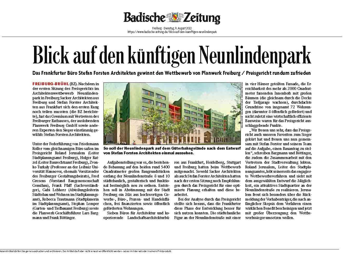 Presseartikel Badische Zeitung zum Neunlindenpark Freiburg