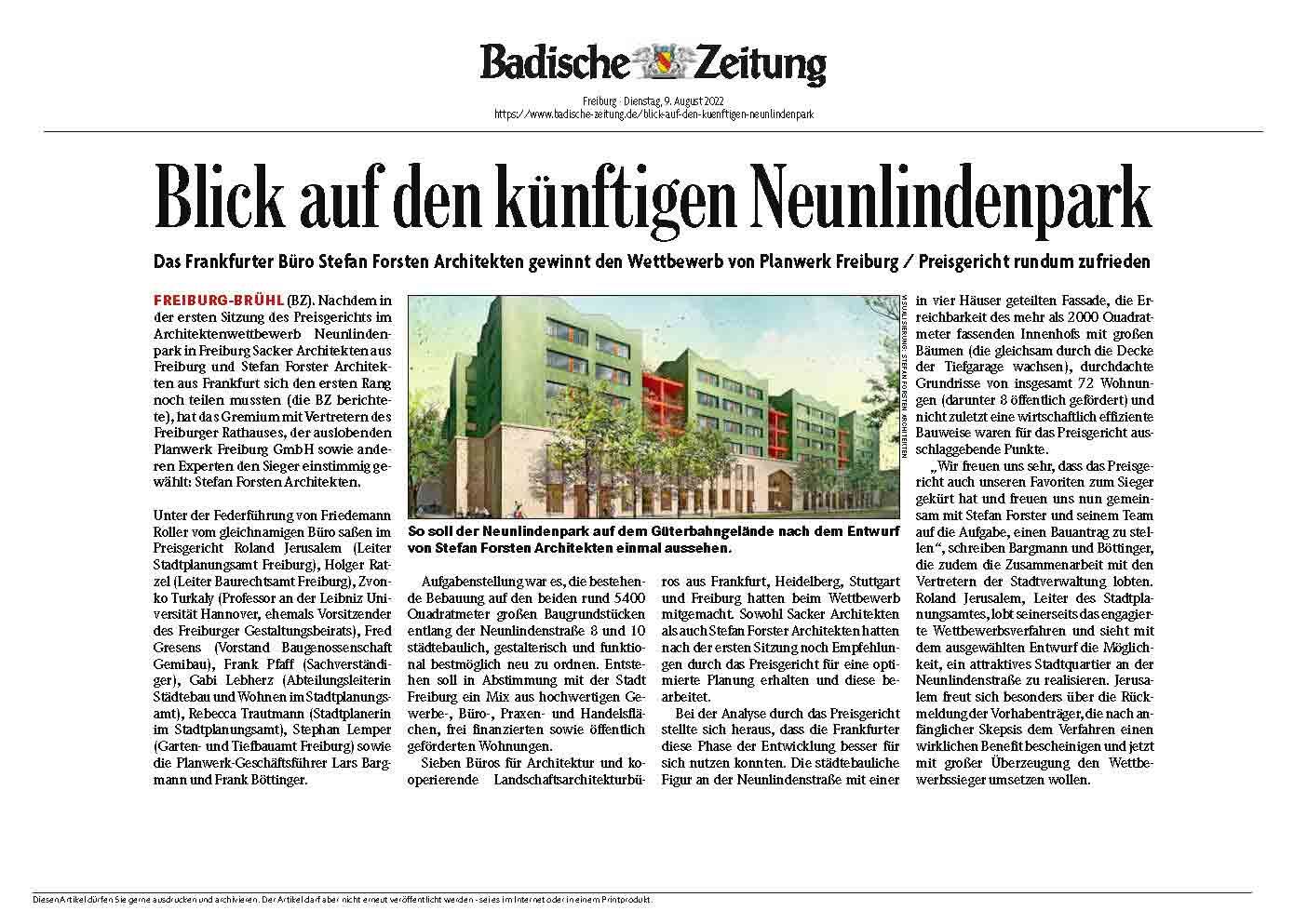 Presseartikel Badische Zeitung zum Neunlindenpark Freiburg