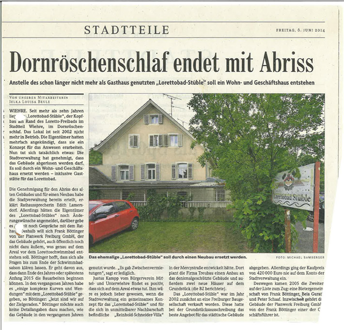 Presseartikel Badische Zeitung zu Lorettobad Stüble 51