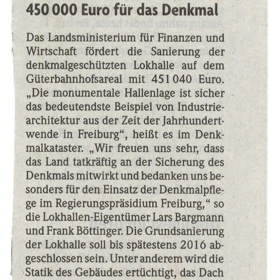 Presseartikel Badische Zeitung zu Lokhalle Finanzierung