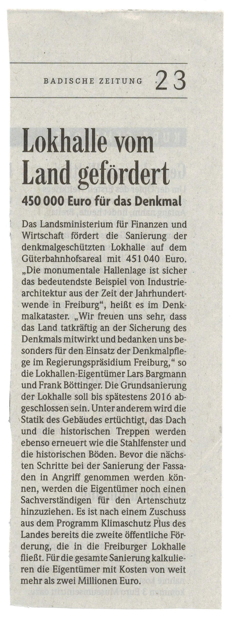Presseartikel Badische Zeitung zu Lokhalle Finanzierung