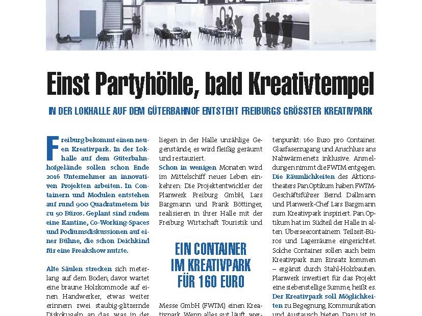 Presseartikel bauen & wohnen Magazin zur Lokhalle Freiburg als Kreativtempel