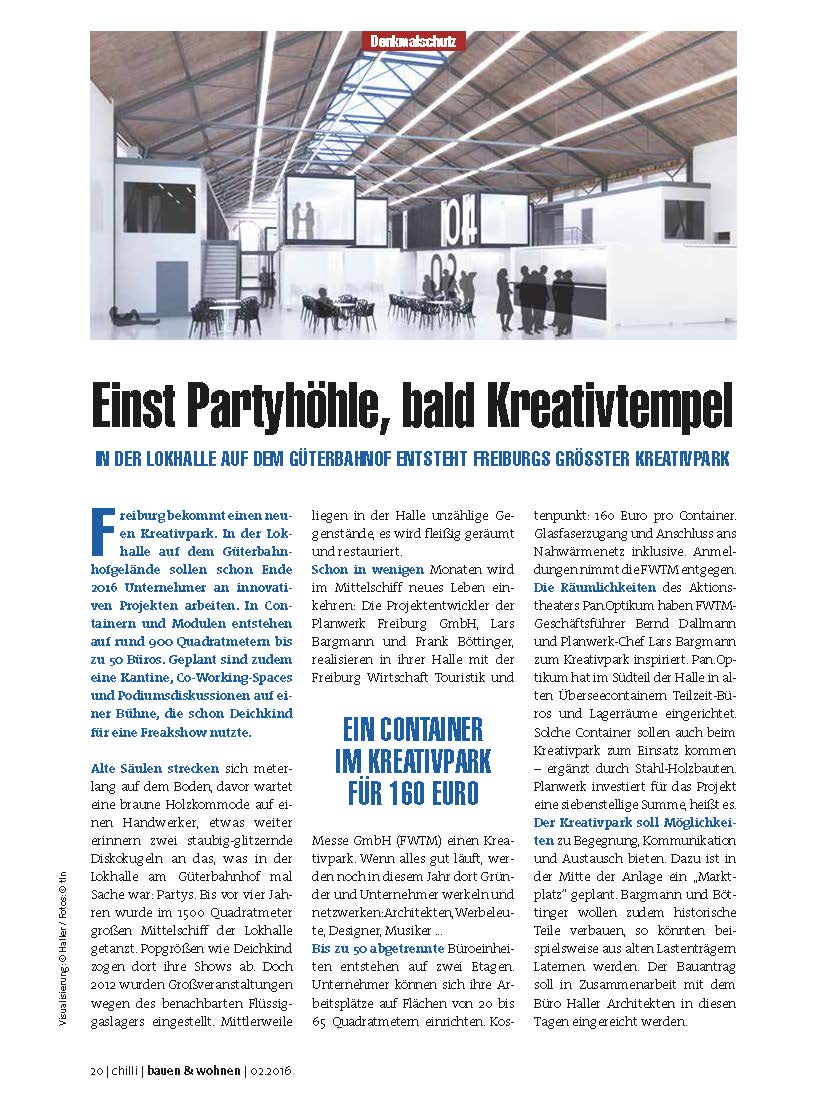 Presseartikel bauen & wohnen Magazin zur Lokhalle Freiburg als Kreativtempel