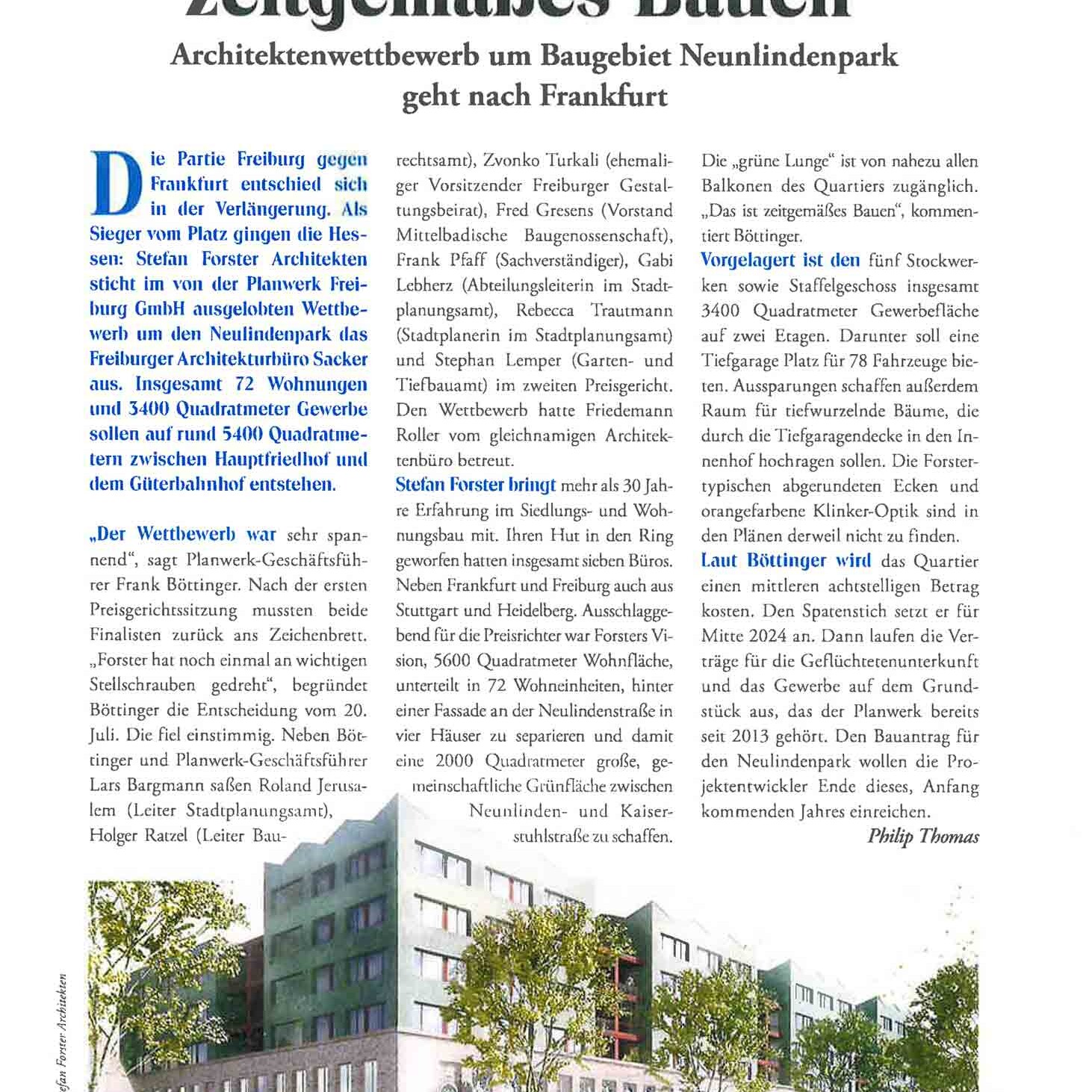 Presseartikel Bauen & Wohnen Magazin zum Baugebiet Neunlindenpark Freiburg
