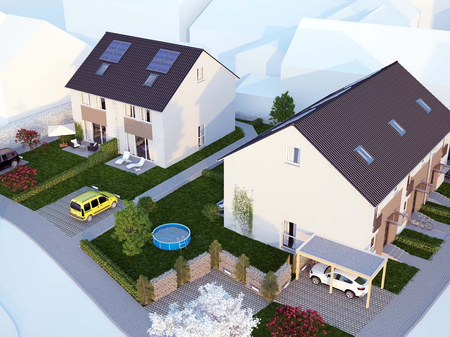 Visualisierung von zwei Häusern als Doppelt-, und Dreifachhaus