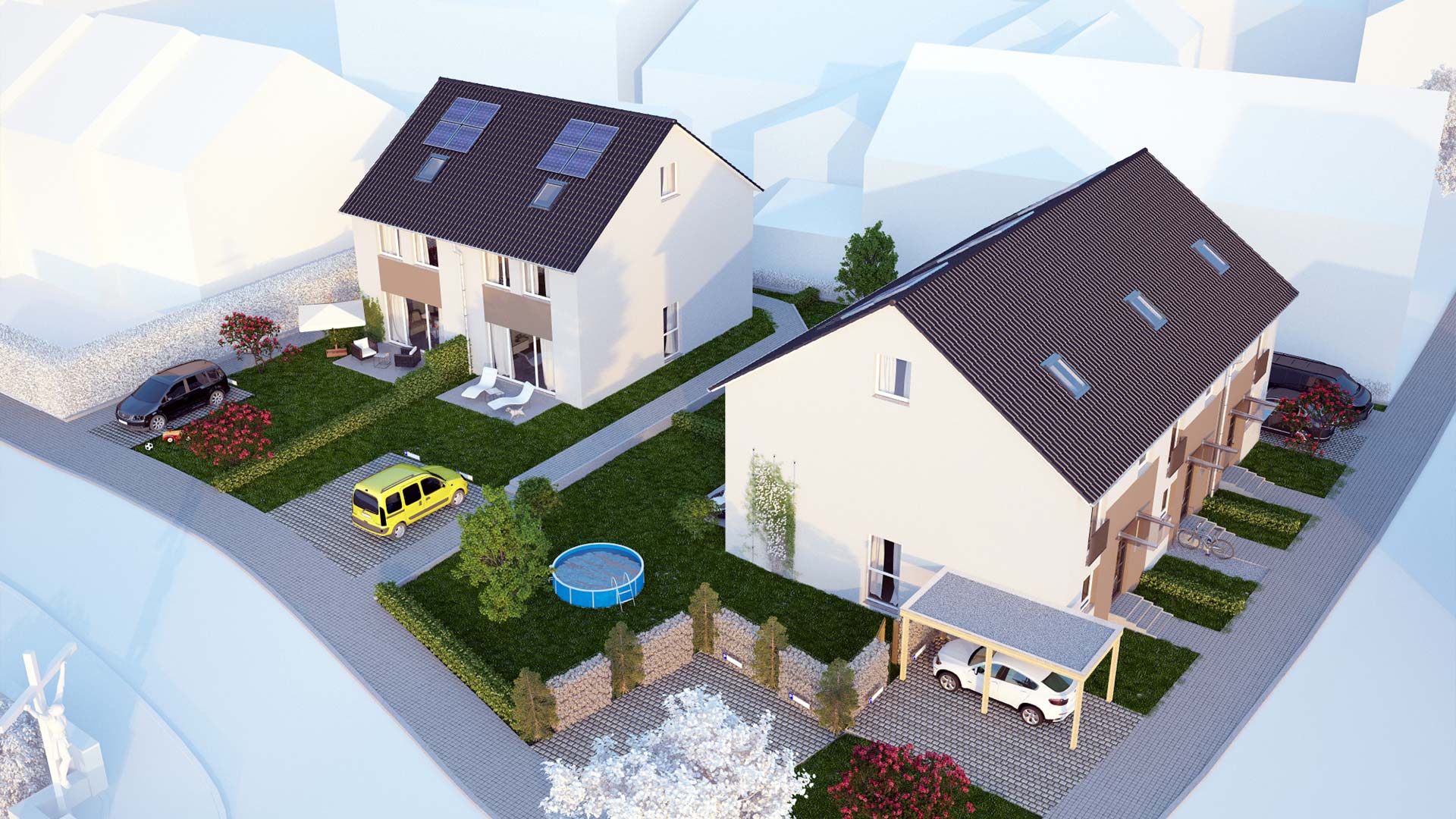 Visualisierung von zwei Häusern als Doppelt-, und Dreifachhaus