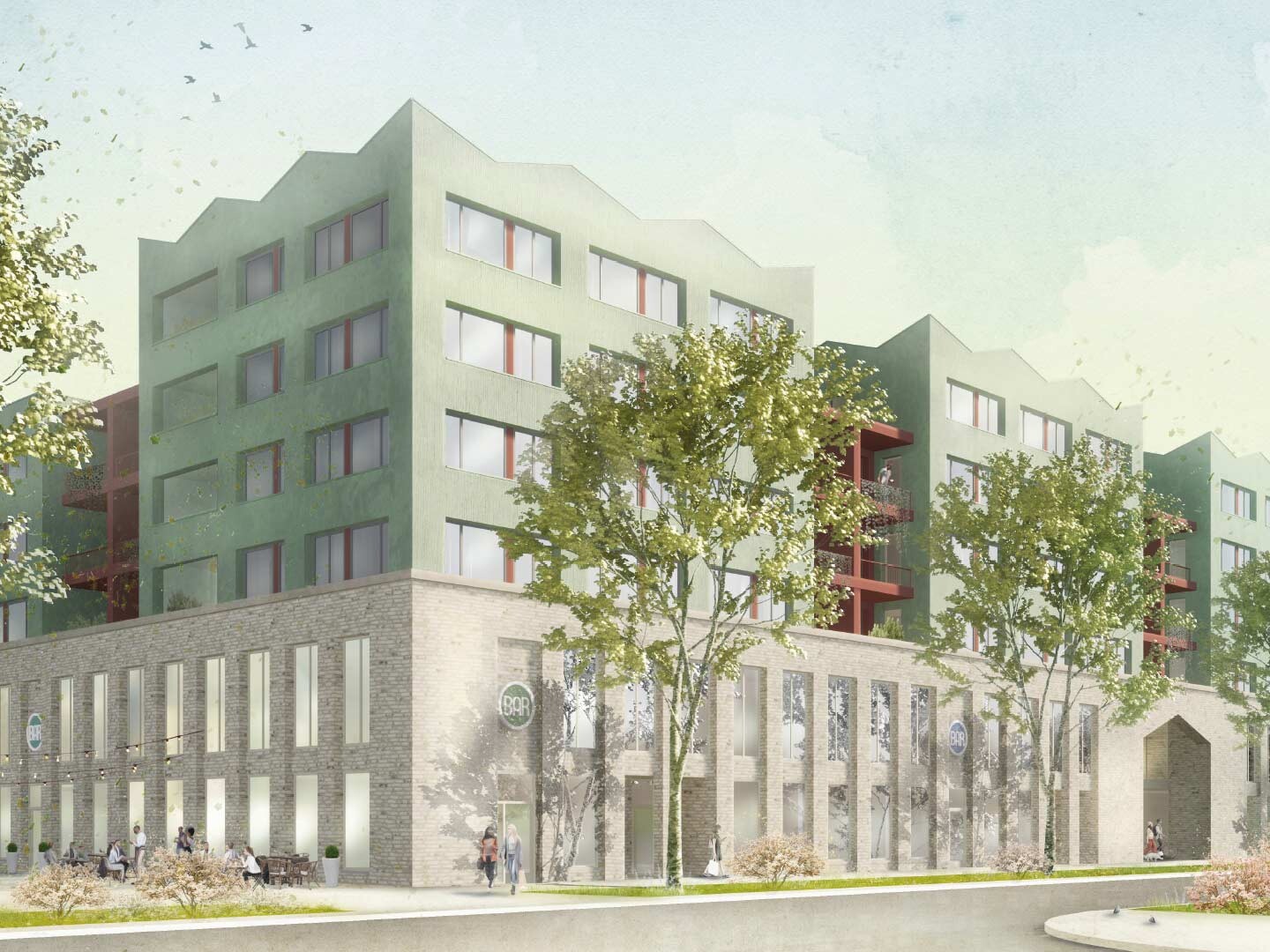 Visualisierung von einem modernen Gebäudekomplex mit fünf Stockwerken