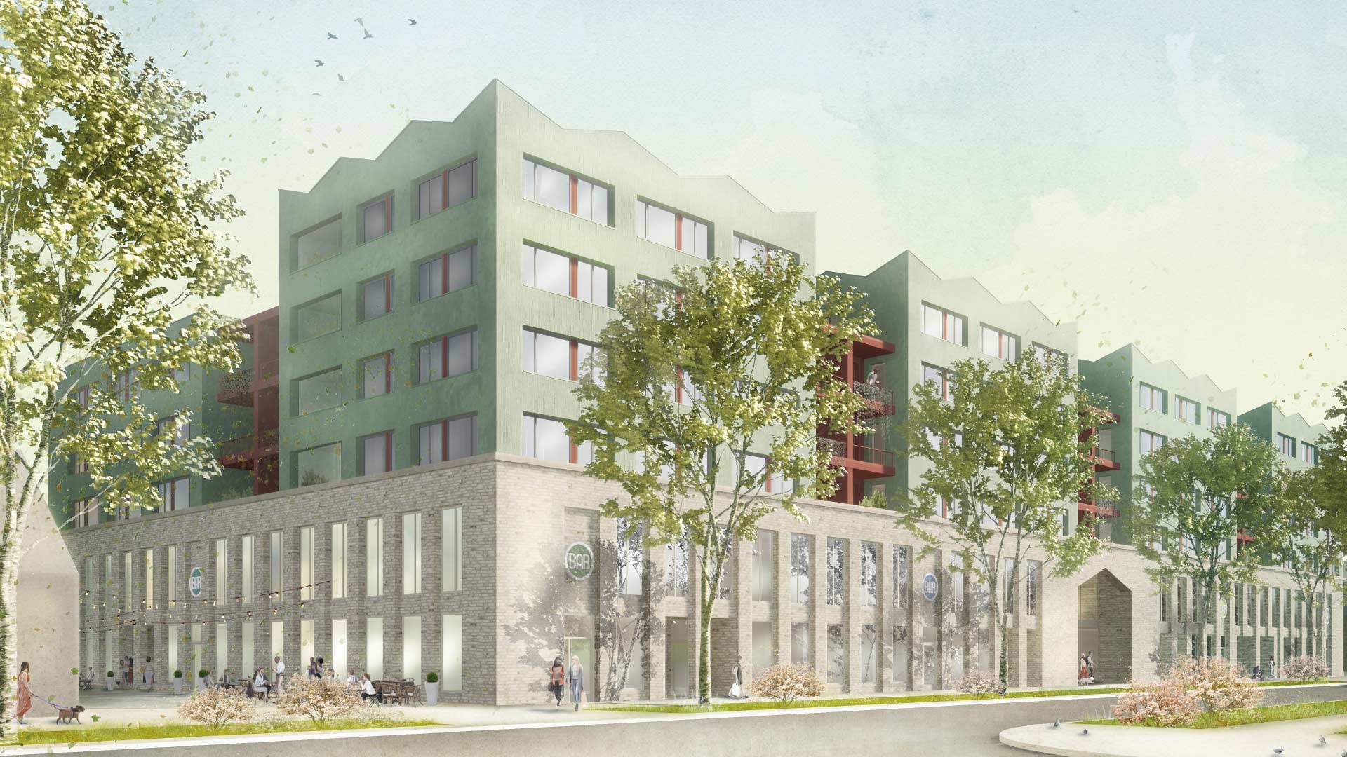 Visualisierung eines modernen Gebäudekomplex mit Begrünung